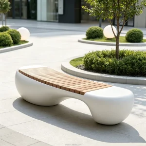 B011 Irregular Curved Frp Bench Slatted Timber Top Modern Outdoor Landscape Stool for Mall Courtyard Park Public Rest Area