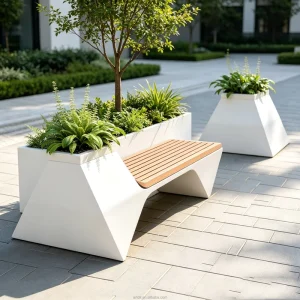 B025 Modern Frp Planter Bench Geometric Trapezoid Structure Outdoor Planter Box Slat Seat for Commercial Plaza Public Garden