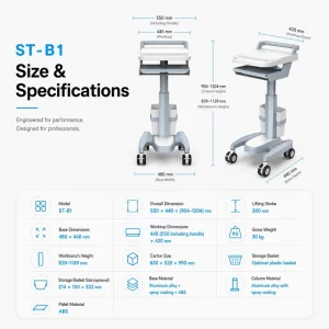 B1 Hospital Trolley Ultrasound Computer Medical Trolley Height Adjustable ABS Worktop Keyboard Shelf OEM ODM