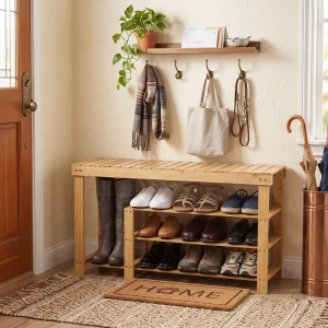 Bamboo 3-Tier Shoe Storage Bench Heavy-Duty Entryway Shoe Rack Organizer With Seating Bench Space-Saving Storage Shelf