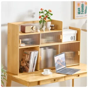 Bamboo Desktop Bookshelf Office Holder and File Storage Cabinet Small Extendable Organizer Compartments Storage
