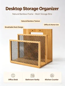 Bamboo Desktop File Organizer Metal Mesh Document Holder A4 File Magazine Rack Sturdy Desk Paper Sorter for Home & Office