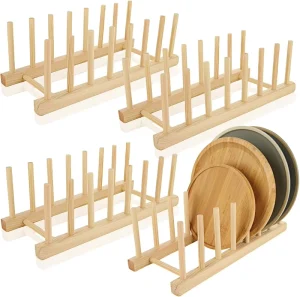 Bamboo Dinner Dish Plate Drying Holder Desk Book Magazine Storage Rack with Utensil Holder for Kitchen Office Home Counter