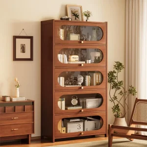 Bamboo Modern Minimalist Floor Standing Storage Bookshelf with Door Dustproof Design for Living Room Furniture