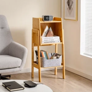 Bamboo Standing Organizer Shelf Multi Layer Wooden Display Rack With Open Bookshelf & Display Tray For Home Office & Living Room