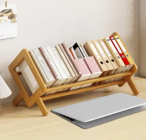 Bamboo Wood Tilting Bookcase Desktop Book Shelf Organizer Bookshelves Storage Rack for CDs Magazine Books Display