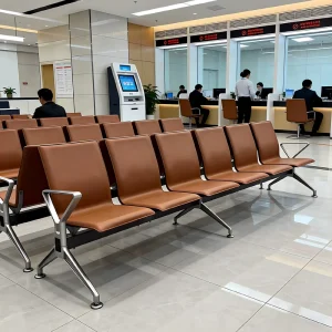 Bank Lobby Seating 4 Seater Waiting Bench PU Leather with Metal Armrests for Public Area Airport Hospital Clinic