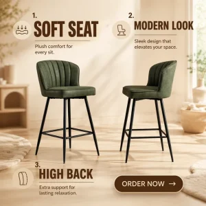 Bar Stool With Wing Back Tufted Faux Leather Height Bar Chair With Footrest for Kitchen Island Cafe Hotel Restaurant