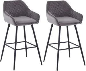 Bar Stools Velvet Fabric Upholstered Seat with Backrest and Armrest Black Metal Legs Counter Breakfast Bar Chairs Kitchen