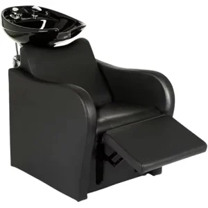 Barber Backwash Unit Professional Hair Washing Basin with Tilting Black Porcelain Bowl Salon Shampoo Bed