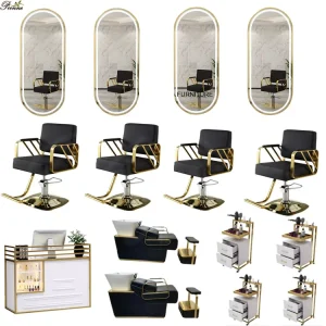 Barber Shop Elegant Salon Chair Wall Mounted Mirror Backwash Chair Black Gold Hair Salon Furniture Package