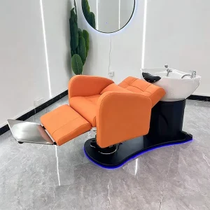 Barbershop Equipment Orange Shampoo Bed Modern Electric Reclining Rotation Head Therapy Washing Chair with Lights