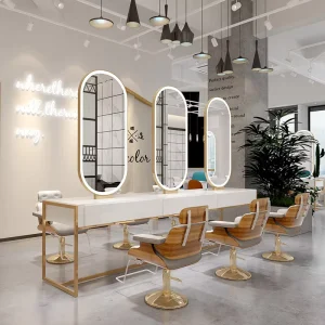 Barbershop Furniture Led Light Three Seater Salon Mirror Table Gold Barber Station
