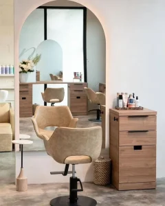 Barbershop Tan Leather Salon Chair Styling Chair and Mirror Station Trolley