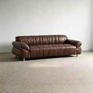 Bauhaus Style Oil-waxed Leather Three-seater Sofa with Crease Design and Metal Legs, Brown Sofa for Living Room or Hotel
