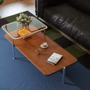 Bauhaus Style Rectangular Coffee Table Double Tier Glass & Wood Top Metal Legs Living Room Furniture