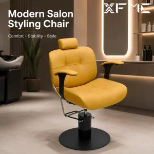 Beauty Salon Furniture Yellow Salon Styling Chair Reclining Hydraulic Barber Chair with Headrest for Barber Shops