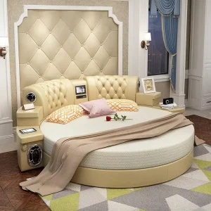 Bed Frame Piece Bedroom Furniture Set with Wood Bed Frame Modern Minimalist Round Headboard for King Queen Bed