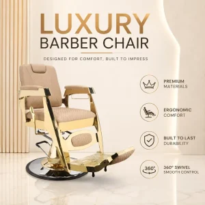 Beige Gold High Back Barber Chair Hydraulic Salon Chair with Gold Plated Round Base Footrest and Headrest for Barbershop