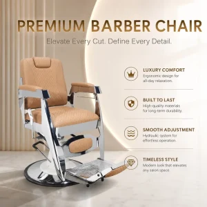 Beige High Back Barber Chair Hydraulic Salon Chair with Round Base Footrest and Headrest for Barbershop Salon Furniture