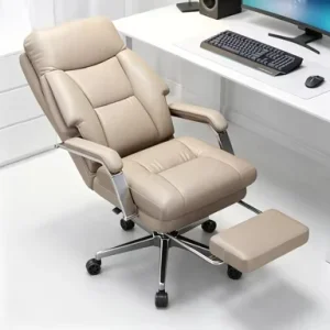 Beige High Back Ergonomic Office Chair with Footrest PU Leather Executive Recliner Desk Chair