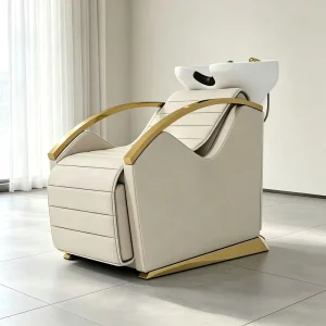 Beige Modern Leather Reclining Shampoo Chair Gold Accents White Ceramic Bowl Adjustable Height Beauty Salon Commercial Furniture
