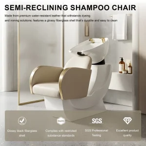 Beige PU Leather Semi Reclining Shampoo Chair with Fiberglass Base Ceramic Bowl & Gold Stainless Steel Armrest Salon Unit
