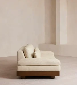 Beige Textured Linen Wide Sloped Arm Solid Walnut Base Low Profile Modern Indoor Two Seater Modular Sofa