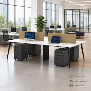 Bench Desk Office Workstation 4 Person With Acoustic Screen And Cable Management For Tech Office