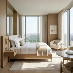 Bespoke 5 Star Hotel Furniture Hotel Bedroom Furniture with Warm Beige Palette and High Quality Wood Craft
