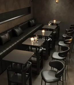 Bespoke Commercial Bar Furniture Project High End Ribbed Sectional Seating and Tiered Bar Table Set