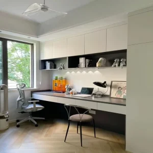 Bespoke Display PC Desk Bookcase Combo Transparent Glass Compartment Custom Wood Furniture for Designer Home Office Study Space