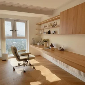 Bespoke Full Wall Integrated Desk Bookcase Custom Adjustable Storage Workstation for Spacious Home Office