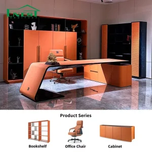 Bespoke Luxury Office Desk Set Nappa Leather Wrapped Z Shape CEO Table with Integrated Cabinet for Villa Home Office Project