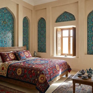 Bespoke Uzbekistan Hotel Furniture Hotel Bedroom Furniture with Suzani Embroidery Bed Runners and Carved Cabinets