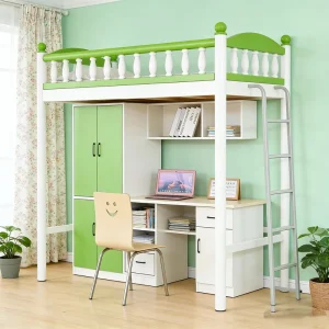 Best Seller Customizable Green Wood Comfortable Student Dormitory Double Layer Bed Loft Bed with Desk