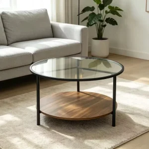 Best Seller Round Coffee Table Large Coffee Table with Glass Top and Walnut Wood Shelf Modern Center Table with Metal Frame
