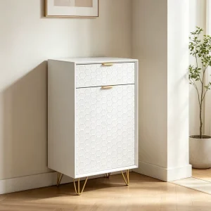 Better Home Modern Honeycomb Pattern MDF Wood Iron White Painted Tall 2 Door Living Room Sofa End Table Gold Frame KD Structure