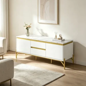 Better Home White Luxury TV Cabinet Faux Marble Top Media Console with Drawers & Cabinets