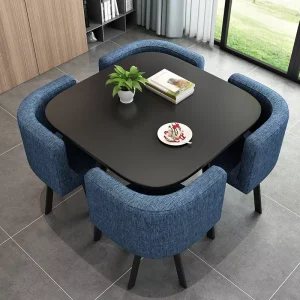 Big Full Black Restaurant Tables and Chairs Dinning Room Set Mdf Table Top with Metal Legs 6 Seaters Dining Sets Blue