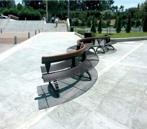Bilateral Seating Half Moon Shape Metal Wood Bench