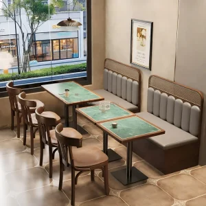 Bistro Hotel Diner Furniture Custom Restaurant Booth Bench Green Marble Top Metal Base Table Wood Chairs Complete Dining Set