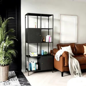 Black Bookshelf with Doors 70″ Tall Bookcase with Storage Cabinet 5 Tier Book Shelf for Living Room Bedroom Office