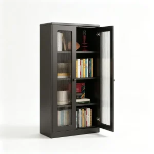 Black Fluted Glass Double Door Bookcase Floor Standing Display Storage Bookshelf Cabinet for Indoor Living Study