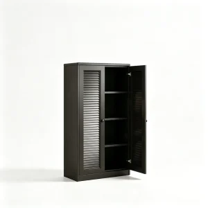 Black Freestanding Louvered Door Bookcase Dustproof Iron Bookshelf Storage Cabinet Living Room Home Office Display Cabinet