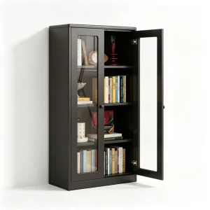 Black Glass Door Bookcase Dustproof Iron Bookshelf Storage Cabinet Living Room Home Display Rack