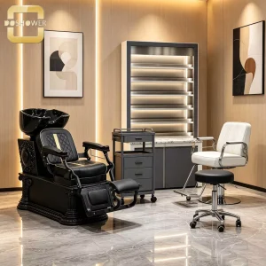 Black Gold Diamond Stitch Shampoo Chair of Full Recline Foldable Leg Backwash Unit for Dark Luxury Salon and Barbershop