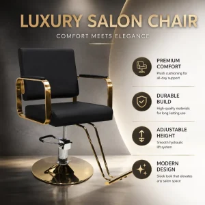 Black Gold Salon Styling Chair Hydraulic Barber Chair with Gold Round Base Footrest and Metal Square Armrest Design