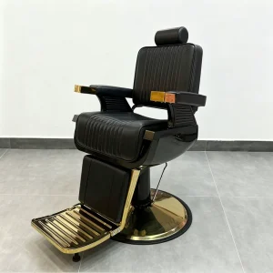 Black Gold Vertical Stripes Barber Chair with Swivel and Armrests for Salons and Barbershops Comfortable Seat