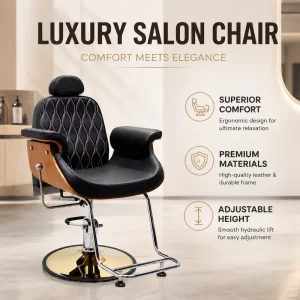 Black Gold Walnut High Back Barber Chair Hydraulic Salon Chair with Round Base Footrest and Headrest